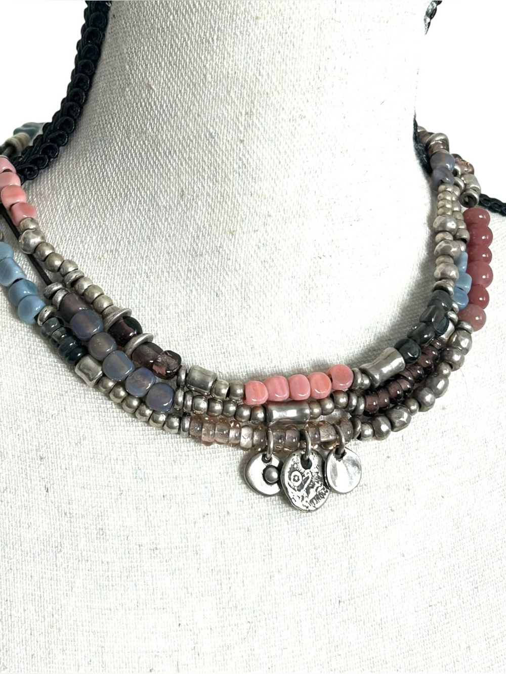 UNO de 50 Multi Strand Beaded Leather Necklace Pink Blue Silver Charms
